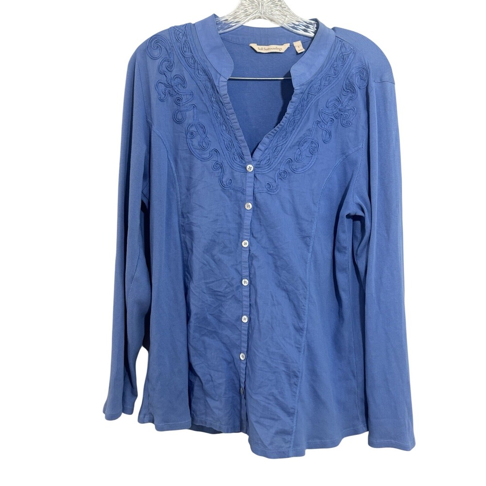 Soft Surroundings Blue Cotton Soutache Embroidered Ribbed Button Top Large 2OX77